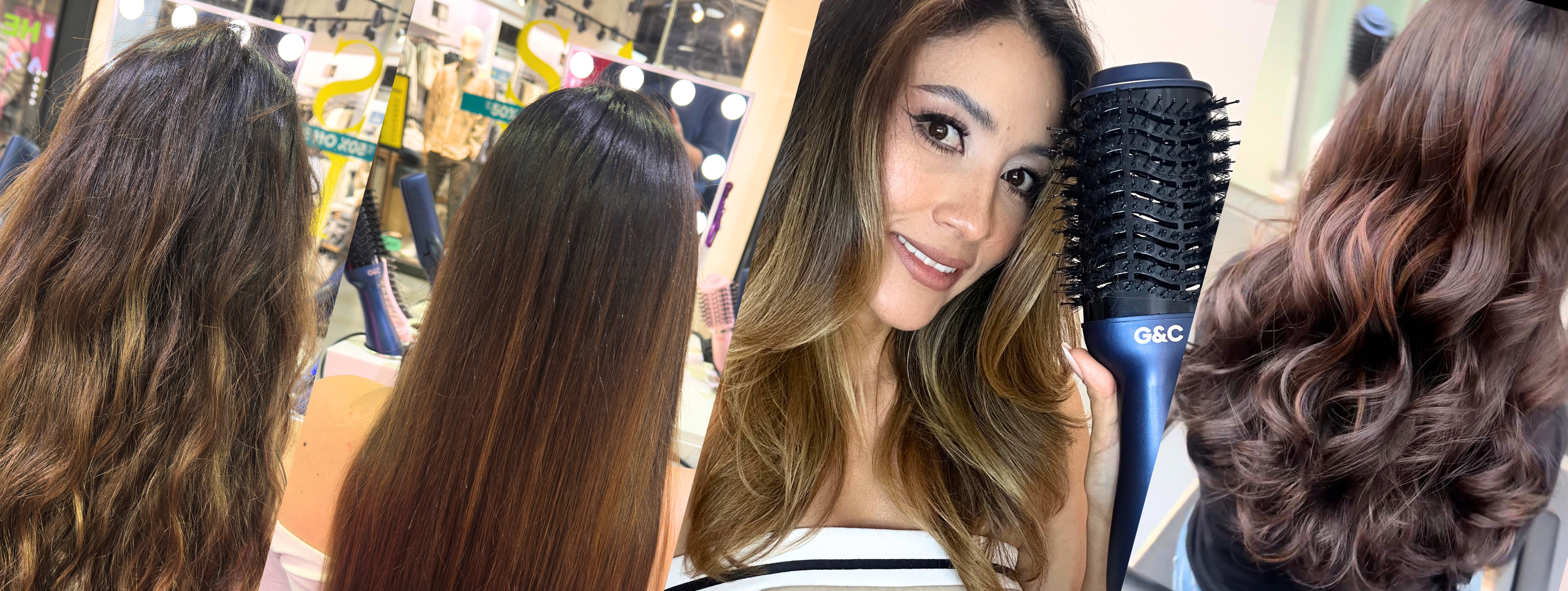 Woman with styled hair using a G&C hairbrush, with text 'Quick Confidence Boosters for Busy Aussie Women GOLD CLASS